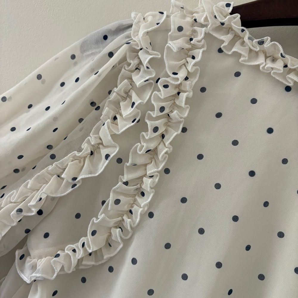 Koche M Cream Polka Dot Sheer Blouse Preppy Luxury Coastal Boardwalk Old Money - Picture 9 of 12